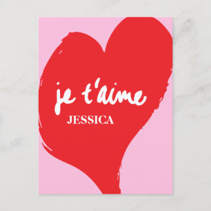 Rood hart met je t’aime-tekst op roze achtergrond briefkaart