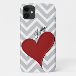 Rood hart op grijze Chevron Stripe iPhone 11 Hoesje