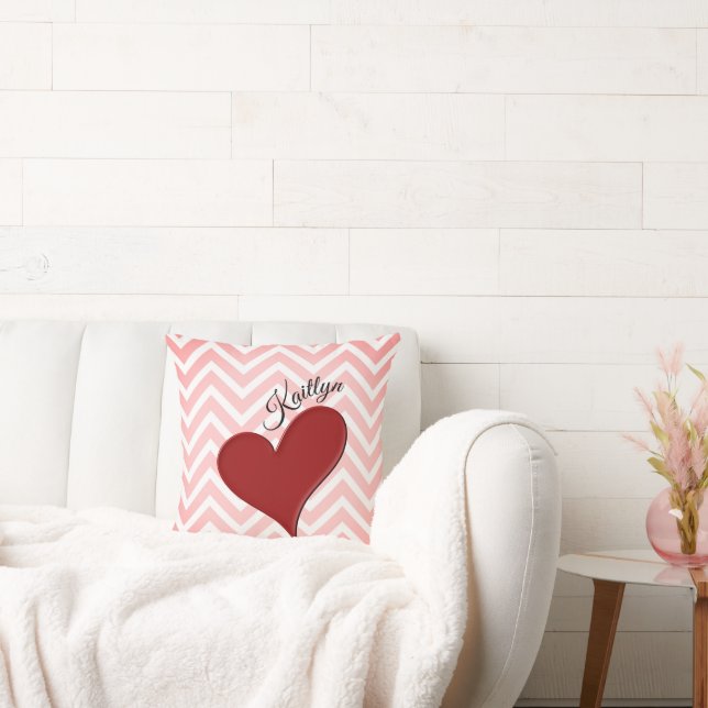 Rood hart op roze Chevron Stripe Sierkussen (Bank)