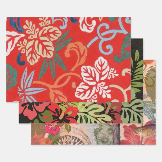 Rood Hawaiiaans Japans Kimono:  Bloemen Inpakpapier Vel (Set)