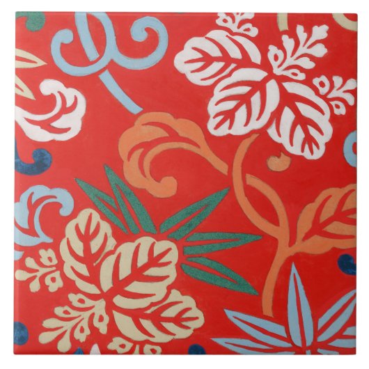 Rood Hawaiiaans Japans Kimono:  Bloemen Tegeltje (Voorkant)