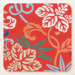 Rood Hawaiiaans Japans Kimono:  Bloemen Vierkante Kartonnen Onderzetter