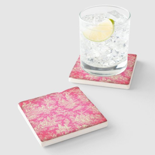rood heet roze Toile de Jouy patroon Stenen Onderzetter (Zijkant)