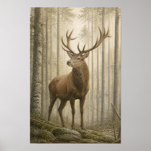 Rood hertenbok in nevelig bos wildleven wandkunst poster