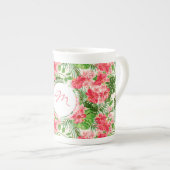 Rood Hibiscus patroon Monogram Bone Mok (Voorkant rechts)