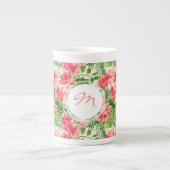 Rood Hibiscus patroon Monogram Bone Mok (Voorkant)