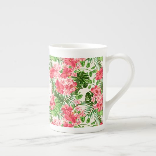 Rood Hibiscus patroon Monogram Bone Mok (Rechts)