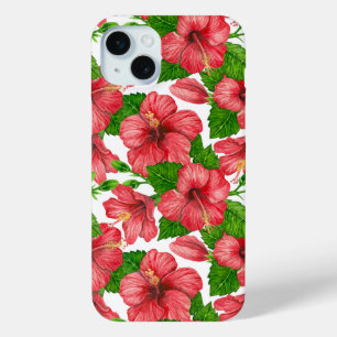 Rood hibiscus waterverf patroon iPhone 15 mini hoesje