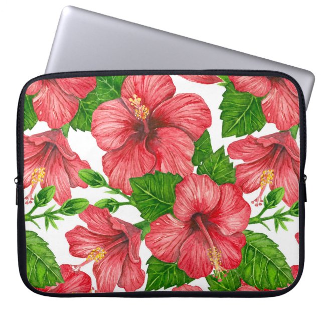 Rood hibiscus waterverf patroon laptop sleeve (Voorkant)