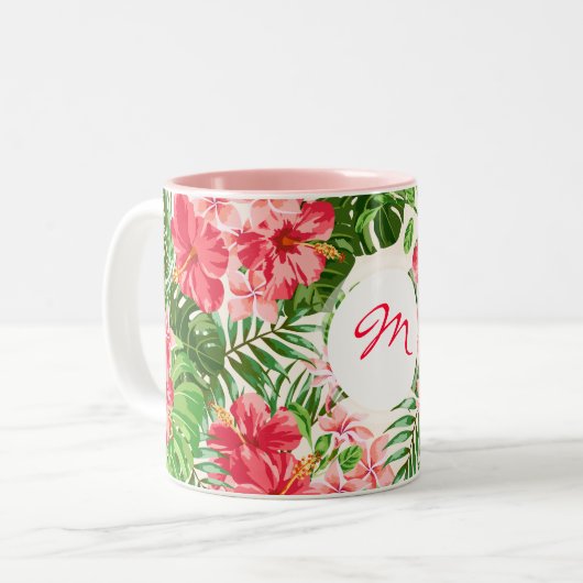  rood hibiscuspatroon Monogram Mok (Voorkant links)