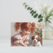 Rood hoofdmeisje met haar puppy briefkaart (Staand voorkant)