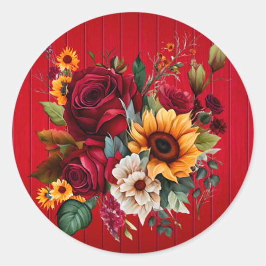 Rood Hout Rozen en Zonnebloemen Bruiloft Ronde Sticker (Voorkant)