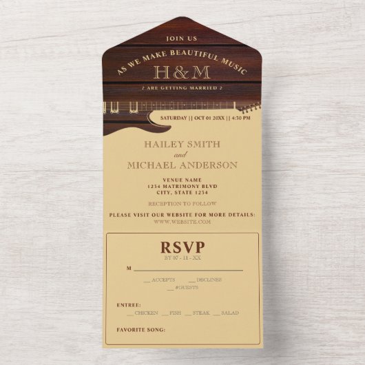 Rood hout & Tan Bruin Gitaar Bruiloft All In One Uitnodiging (Binnen)