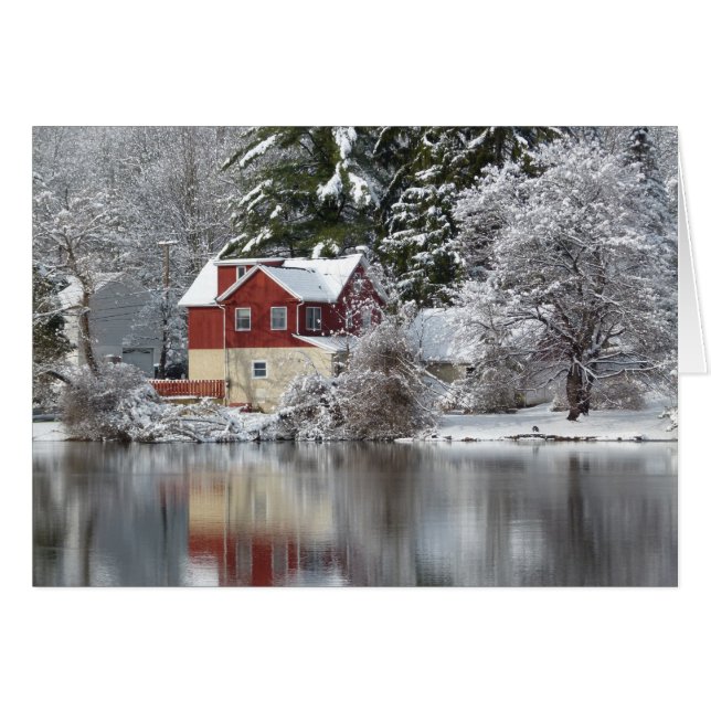 Rood huis & meer in Winterblank in fotokaart (Voorkant Horizontaal)