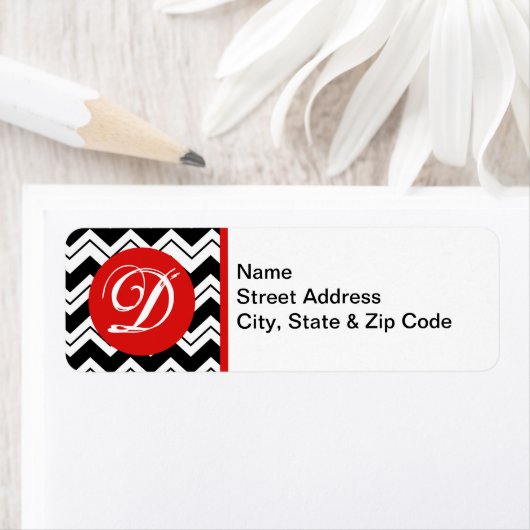 Rood Initiaal Monogram zwart/wit Zizzag Chevron Etiket (Insitu)