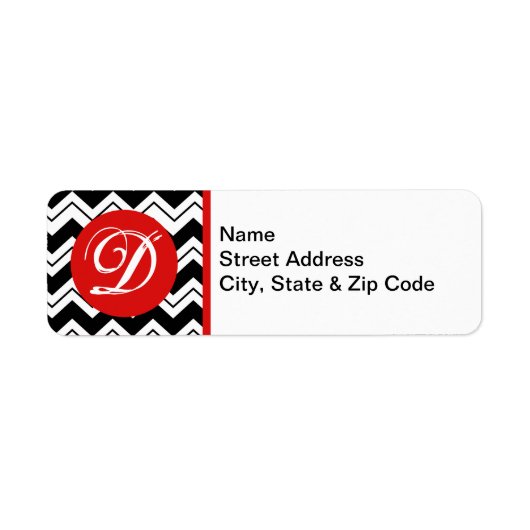 Rood Initiaal Monogram zwart/wit Zizzag Chevron Etiket (Voorkant)