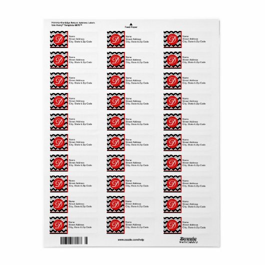 Rood Initiaal Monogram zwart/wit Zizzag Chevron Etiket (Full Sheet)