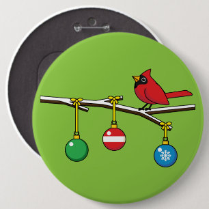 Rood kardinaal op kerstbaltak ronde button 6,0 cm