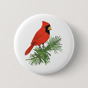 Rood kardinaal vogel op pijnboom ronde button 5,7 cm