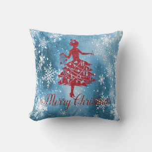 Rood kerstboommeisje, Snowflakes Blue Kussen