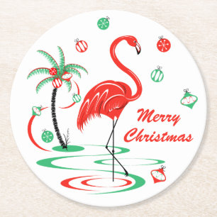 Rood kerstfeest Flamingo Baubles kerst Ronde Kartonnen Onderzetter