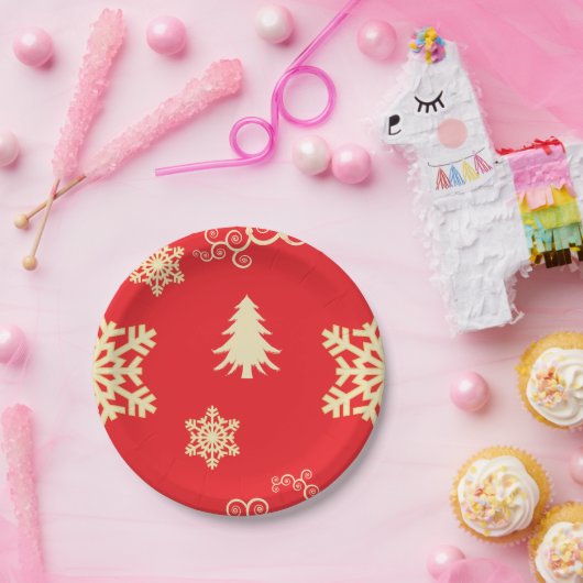 Rood kerstfeest met Cream Snowflakes Papieren Bordje (Feest)