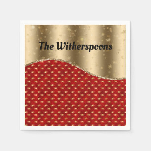 Rood kerstflesje met gouden lint en naam servet