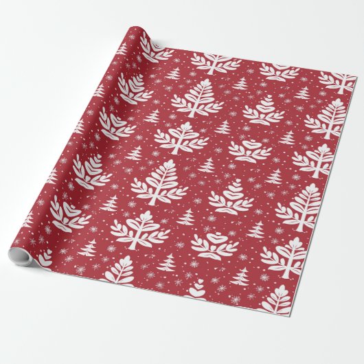 Rood kerstinpakpapier met bomen cadeaupapier (Uitgerold)