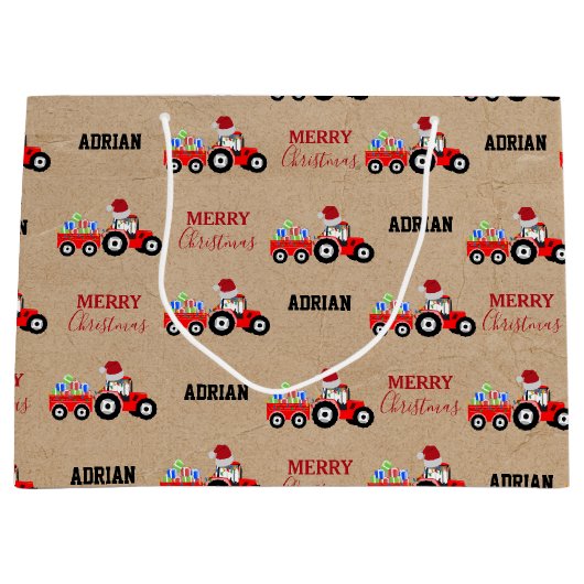 Rood kersttractor Truck Boerderij Aangepaste naam Groot Cadeauzakje (Voorkant)