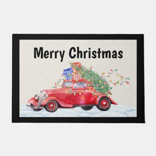 Rood klassieke kerstwagen Deurklep van deur Mat (Voorkant)