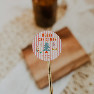  Rood Kleurrijke Geïllustreerde Kerstwinter Ronde Sticker