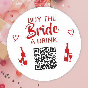 Rood Koop de Bruid een Drink QR Code Meisjesuitje Ronde Sticker