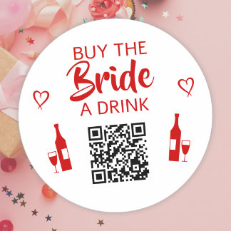 Rood Koop de Bruid een Drink QR Code Meisjesuitje Ronde Sticker