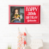 Rood Kunst Deco Beveled Foto Birthday Spandoek (Insitu)