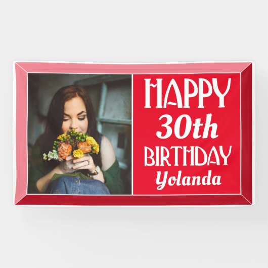 Rood Kunst Deco Beveled Foto Birthday Spandoek (Horizontaal)