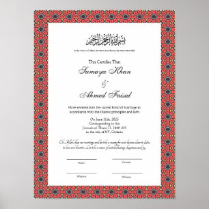 Rood lijst nikkah-certificaat poster