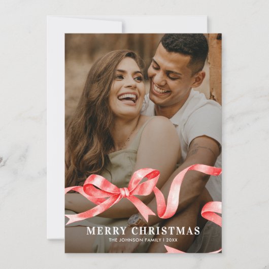 Rood lint boog foto Kerstmis Feestdagenkaart (Voorkant)