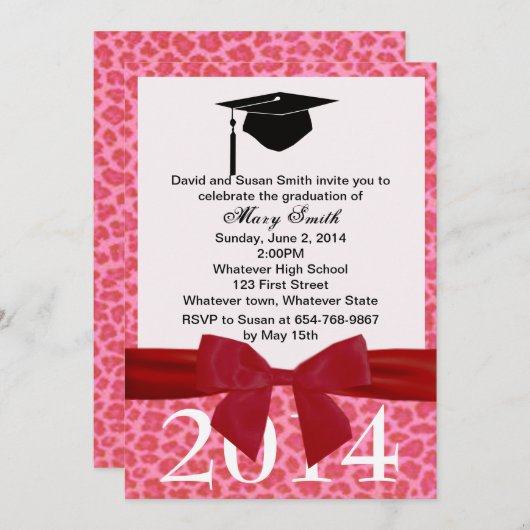 Rood lint en roze luipaard Afstuderen uitnodiging (Voorkant / Achterkant)