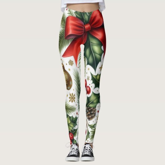 Rood lint Kerstpatroon op wit Leggings (Voorkant)