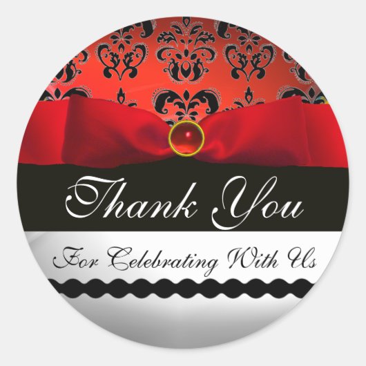 ROOD LINT ZWART & WIT DAMASK Dank u Ronde Sticker (Voorkant)