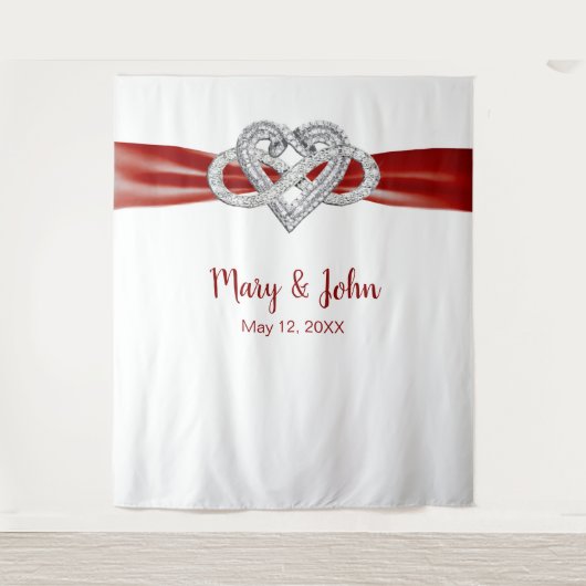 Rood lintje oneindige hartbruiloft achtergrond wandkleed (Voorkant)
