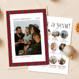 Rood & Marine Schotse Ruit Jaaroverzicht Familie F Feestdagenkaart