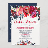 Rood marineblauw bohemien floral vrijgezellenfeest kaart (Voorkant / Achterkant)