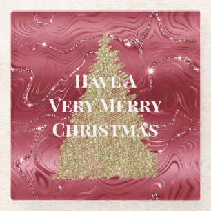 Rood Marmer Goud Glitter Kerstboom Glazen Onderzetter