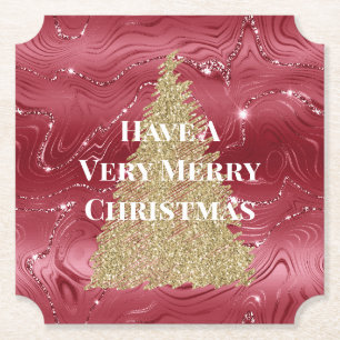 Rood Marmer Goud Glitter Kerstboom Kartonnen Onderzetters
