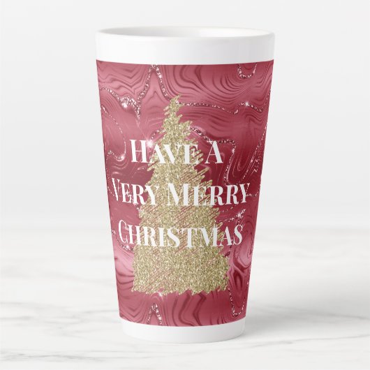 Rood Marmer Goud Glitter Kerstboom Latte Mok (Voorkant)