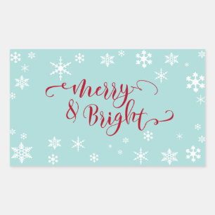 Rood Merry & Bright met witte sneeuwvlokken op bla Rechthoekige Sticker