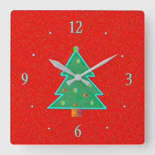 Rood met Aqua Green Tree > Kerstklokken Vierkante Klok