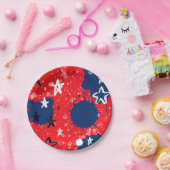 Rood met blauwe Spletters en zwarte en witte sterr Papieren Bordje (Feest)