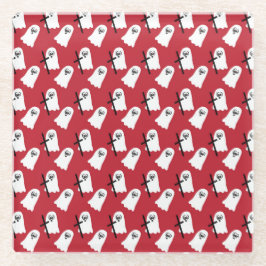 ROOD MET RIJEN VAN KLEINE WITTE HALLOWEEN GEESTEN GLAZEN ONDERZETTER